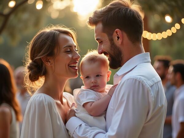 Godparents and baby at the reception at golden hour
